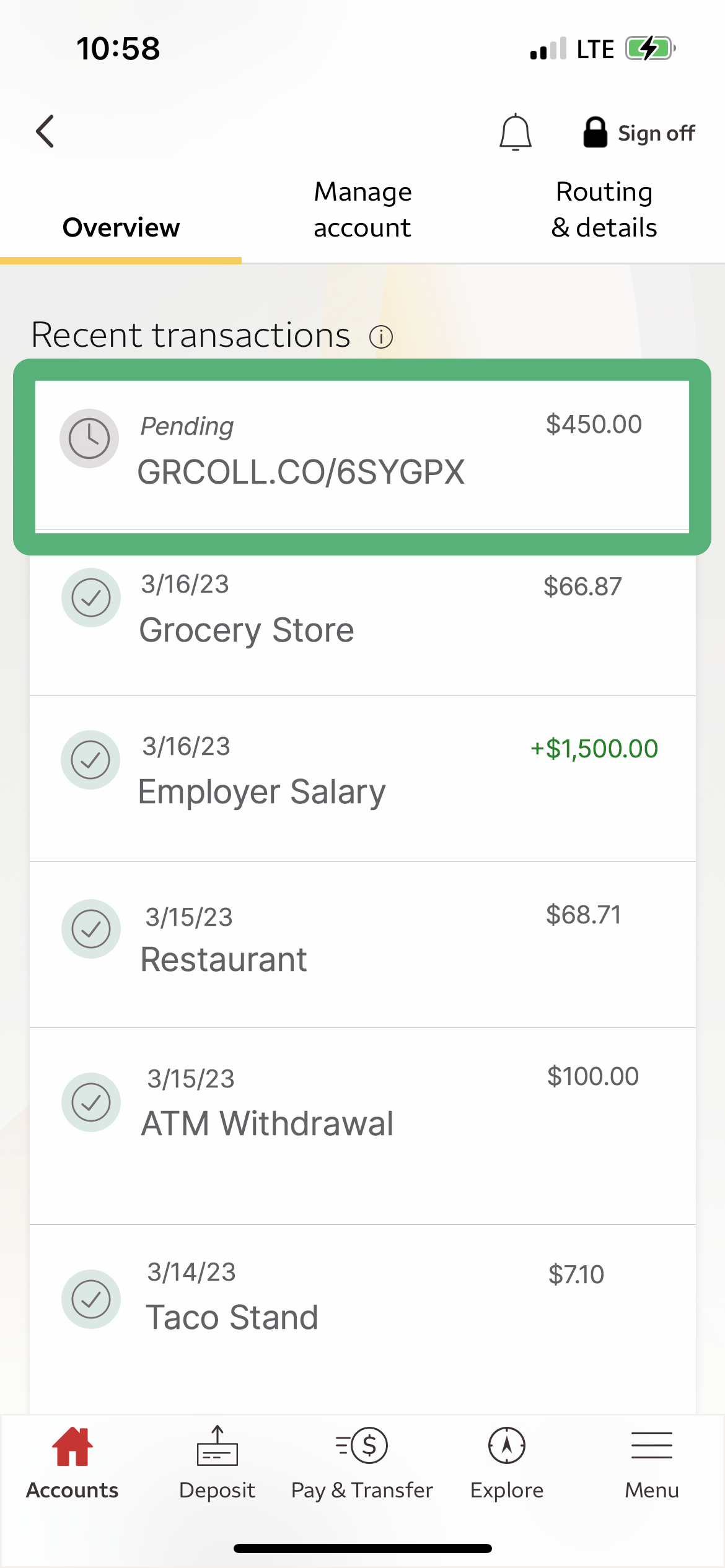 Image of recent transactions on a Iphone banking application with a grcoll.co charge highlighted.